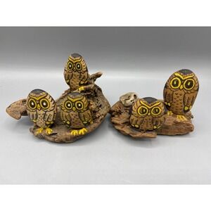 Vtg 70s Hand Painted Stone Owl Family On Driftwood Boho